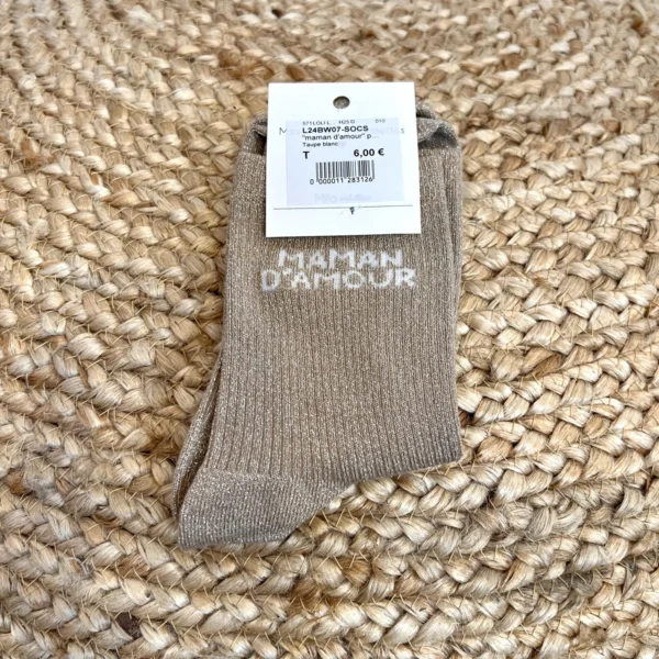 V315- Chaussettes paillettes "Maman d'Amour" - taupe - sans-taille