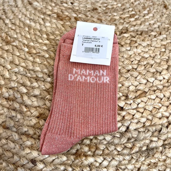 V315- Chaussettes paillettes "Maman d'Amour" - rose-poudre - sans-taille