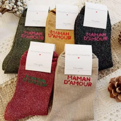 V315- Chaussettes paillettes "Maman d'Amour" - rose-poudre - sans-taille