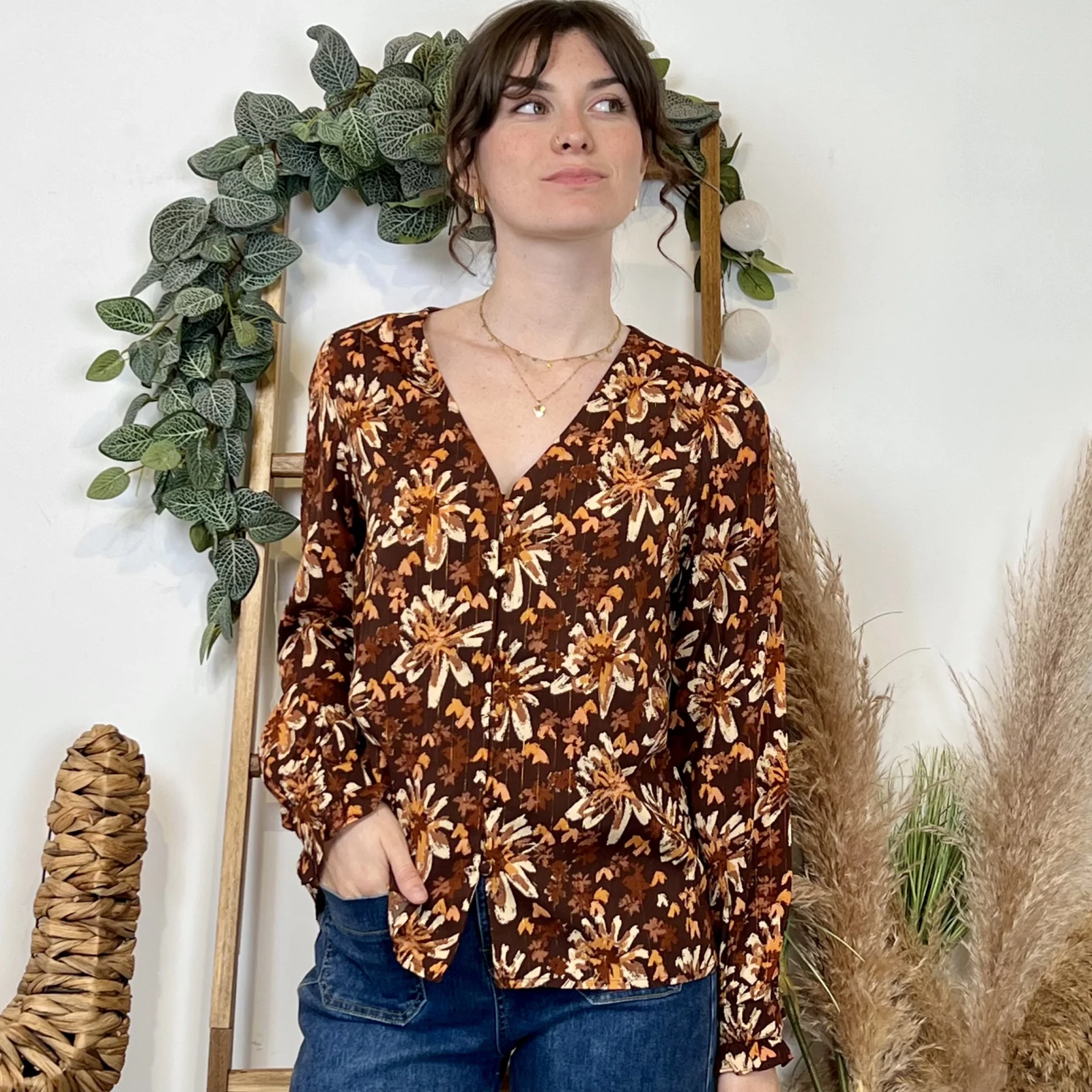 K011- Chemise imprimé automnal (T36-T38) - marron - 38