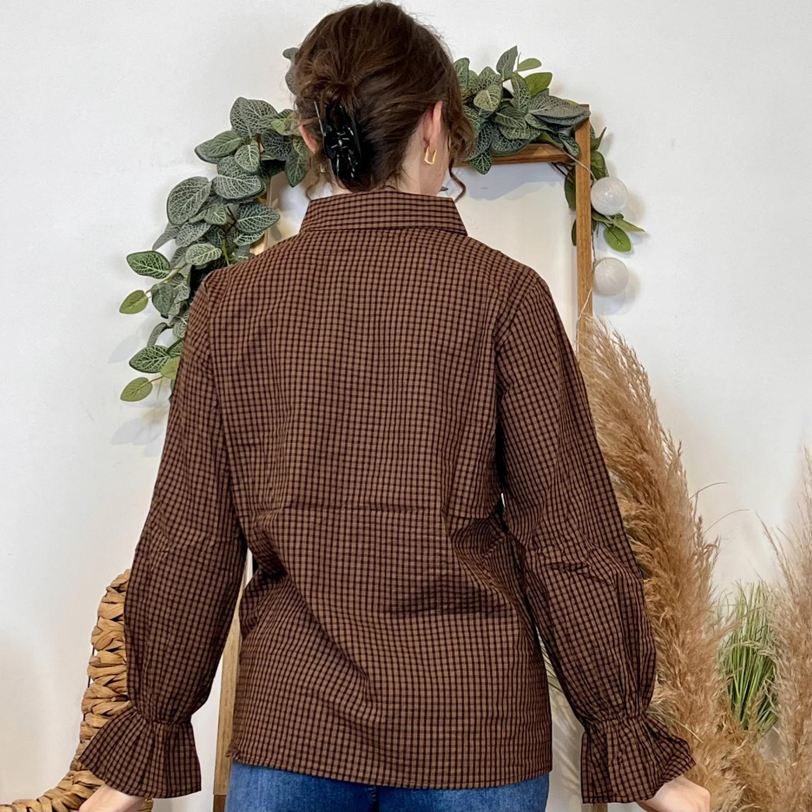 K019- Chemisier imprimé vichy (T36-T40) - marron - 38