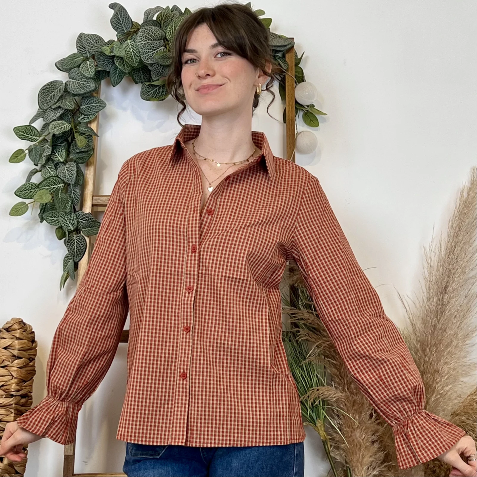 K019- Chemisier imprimé vichy (T36-T40) - rouille - 38