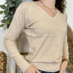 Pull fin col V femme VOGGO T36-T46 - beige - 36
