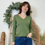 Pull fin col V femme VOGGO T36-T46 - kaki - 44