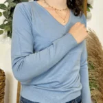 Pull fin col V femme VOGGO T36-T46 - bleu-ciel - 44