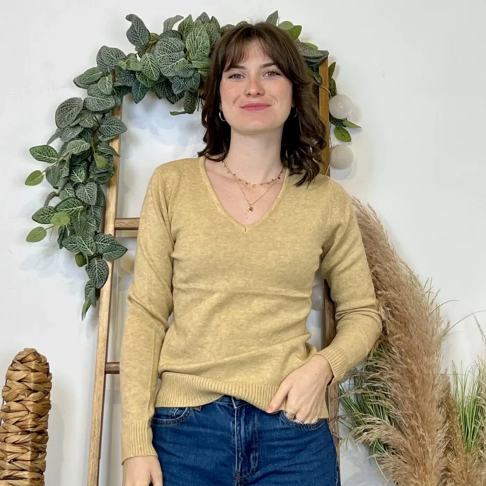 Pull épais col V femme VOGGO T36-T46 - taupe - 44