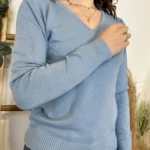 Pull épais col V femme VOGGO T36-T46 - bleu-ciel - 44