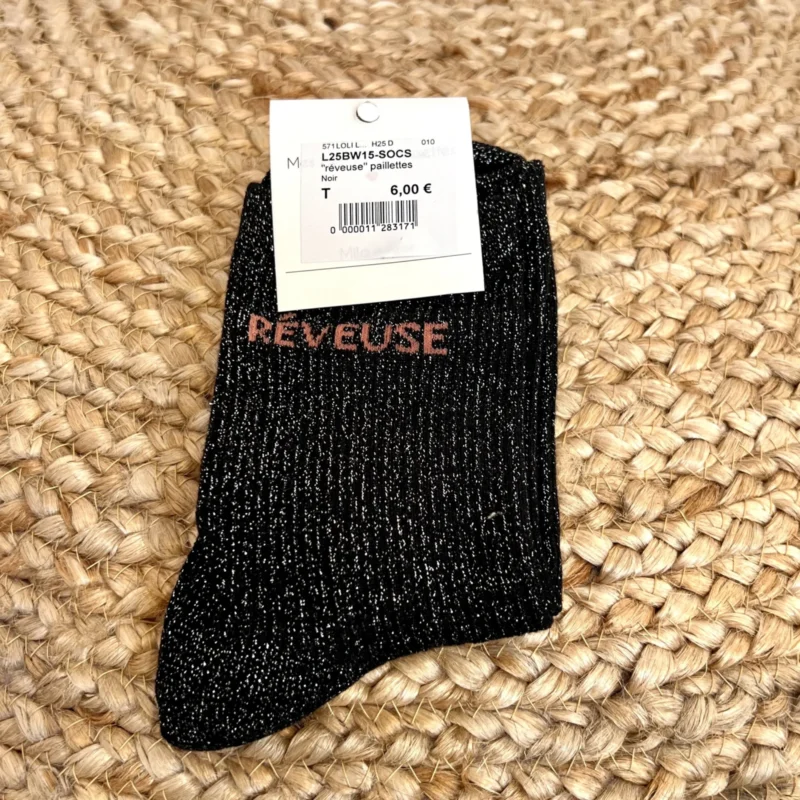 V311- Chaussettes paillettes « Rêveuse » - noir - sans-taille