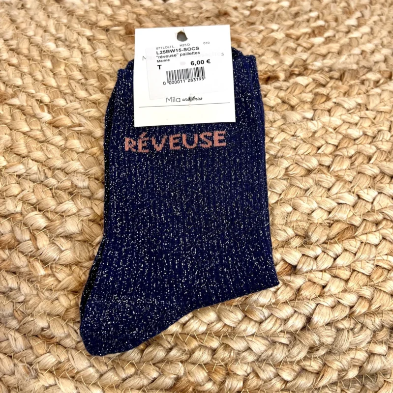 V311- Chaussettes paillettes « Rêveuse » - marine - sans-taille