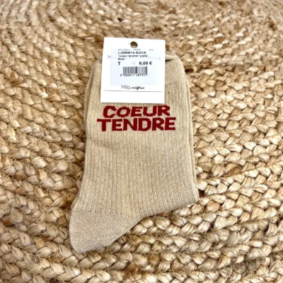 V312- Chaussettes paillettes « Coeur Tendre » - beige - sans-taille