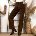 Jean Wide Leg femme en velours VOGGO taille haute T36-T44 - marron - 44