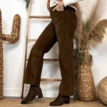Jean Wide Leg femme en velours VOGGO taille haute T36-T44 - marron - 44