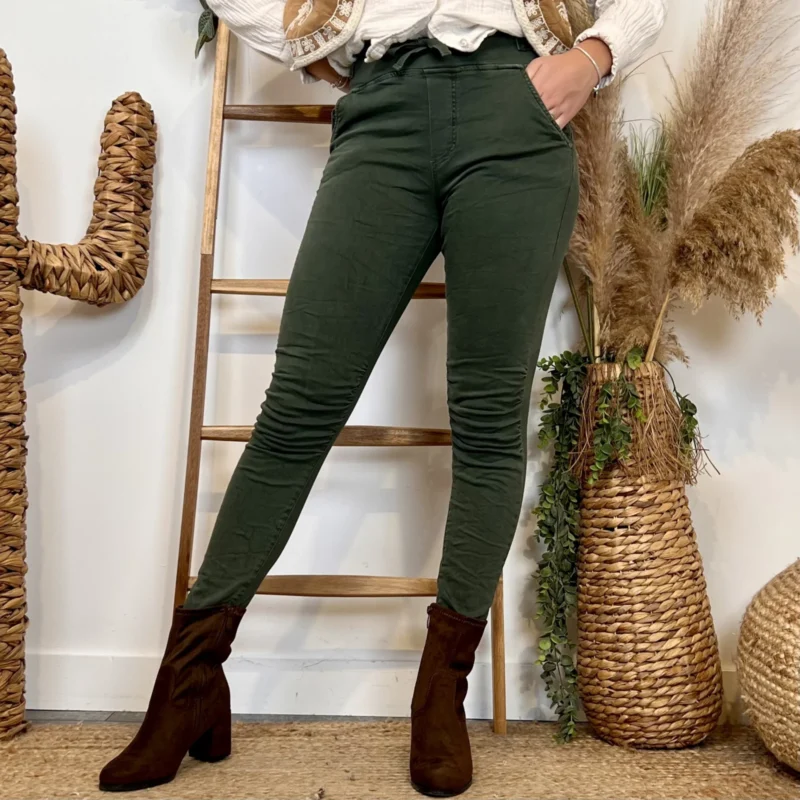 P070- Jean Melly & Co Taille élastiquée (XS-XL) - kaki - 42
