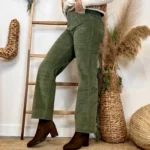 Jean Wide Leg femme en velours VOGGO taille haute T36-T44 - kaki - taille-unique