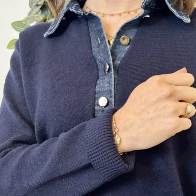 K055- Pull col chemise en jean – Élégance décontractée & style moderne - marine - 42