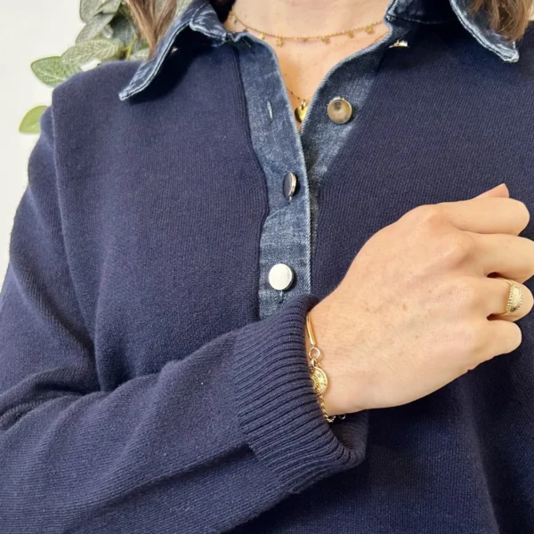 K055- Pull col chemise en jean – Élégance décontractée & style moderne - marine - 42