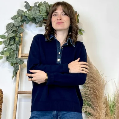K055- Pull col chemise en jean – Élégance décontractée & style moderne - marine - 42