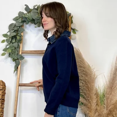 K055- Pull col chemise en jean – Élégance décontractée & style moderne - marine - 42