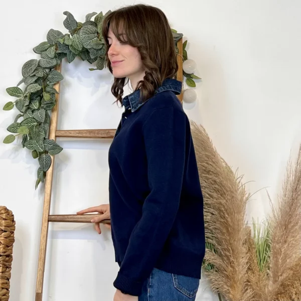 K055- Pull col chemise en jean – Élégance décontractée & style moderne - marine - 42