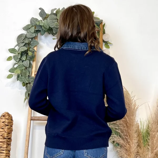 K055- Pull col chemise en jean – Élégance décontractée & style moderne - marine - 42