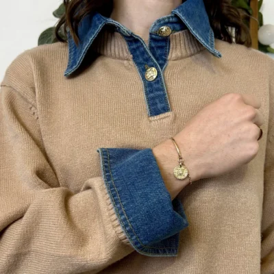 K055- Pull col chemise en jean – Élégance décontractée & style moderne - taupe - 42