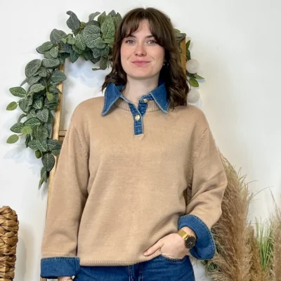 K055- Pull col chemise en jean – Élégance décontractée & style moderne - taupe - 42