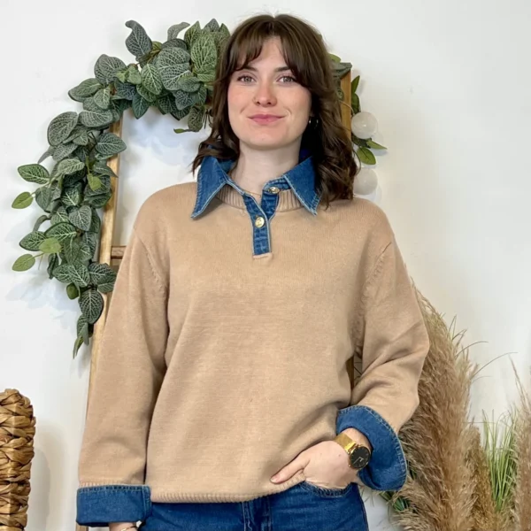 K055- Pull col chemise en jean – Élégance décontractée & style moderne - taupe - 42