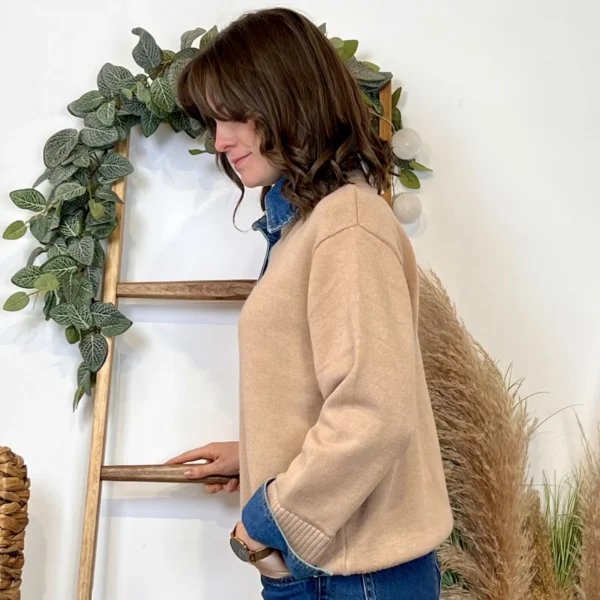 K055- Pull col chemise en jean – Élégance décontractée & style moderne - taupe - 42