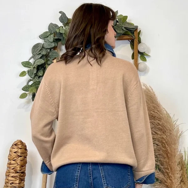 K055- Pull col chemise en jean – Élégance décontractée & style moderne - taupe - 42