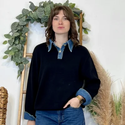 K055- Pull col chemise en jean – Élégance décontractée & style moderne - noir - 42