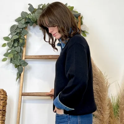 K055- Pull col chemise en jean – Élégance décontractée & style moderne - noir - 42