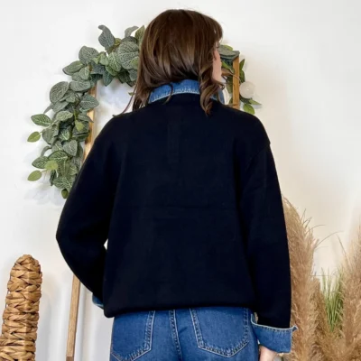 K055- Pull col chemise en jean – Élégance décontractée & style moderne - noir - 42