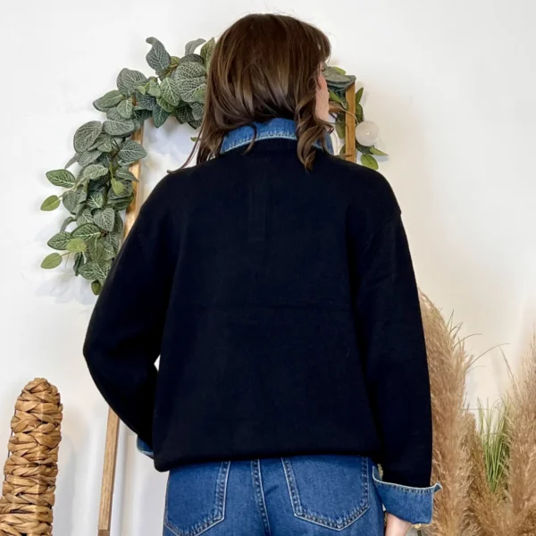 K055- Pull col chemise en jean – Élégance décontractée & style moderne - noir - 42