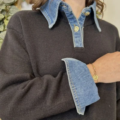 K055- Pull col chemise en jean – Élégance décontractée & style moderne - marron - 42