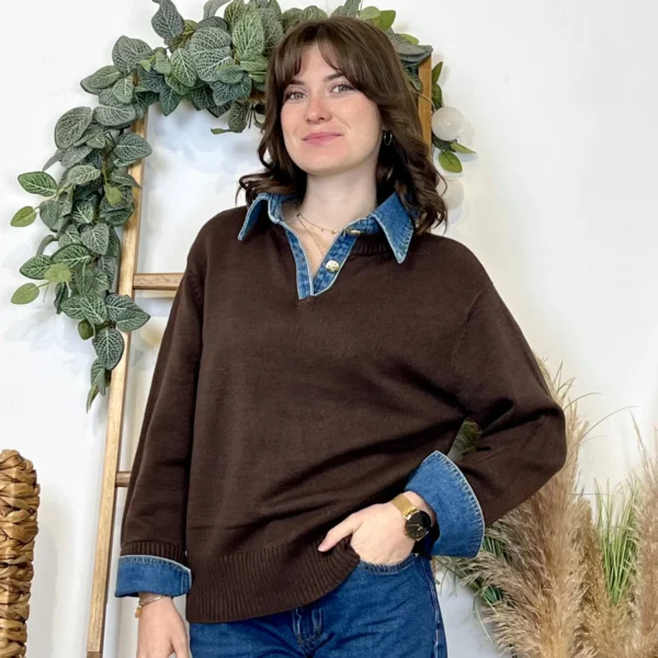 K055- Pull col chemise en jean – Élégance décontractée & style moderne - marron - 42