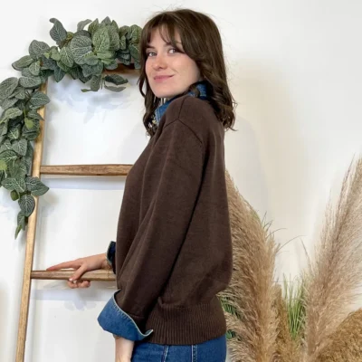 K055- Pull col chemise en jean – Élégance décontractée & style moderne - marron - 42