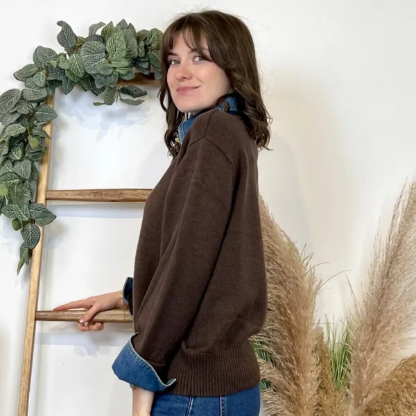 K055- Pull col chemise en jean – Élégance décontractée & style moderne - marron - 42