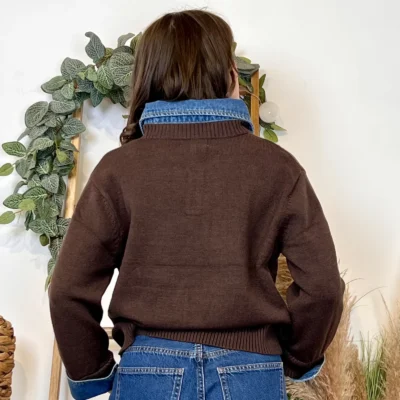 K055- Pull col chemise en jean – Élégance décontractée & style moderne - marron - 42