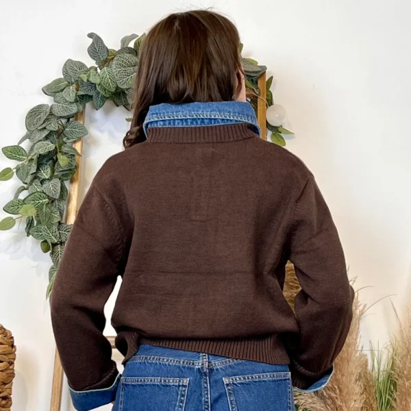 K055- Pull col chemise en jean – Élégance décontractée & style moderne - marron - 42