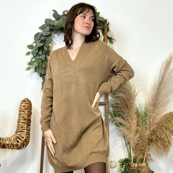 Robe pull femme col V « Tendance » - camel - taille-unique