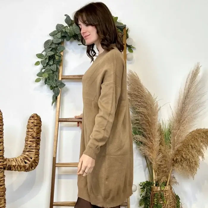 Robe pull femme col V « Tendance » - camel - taille-unique