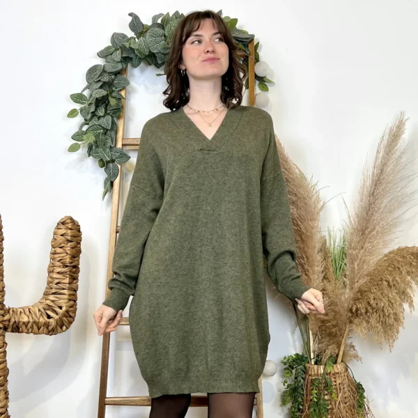 K010- Robe pull col V - kaki - taille-unique