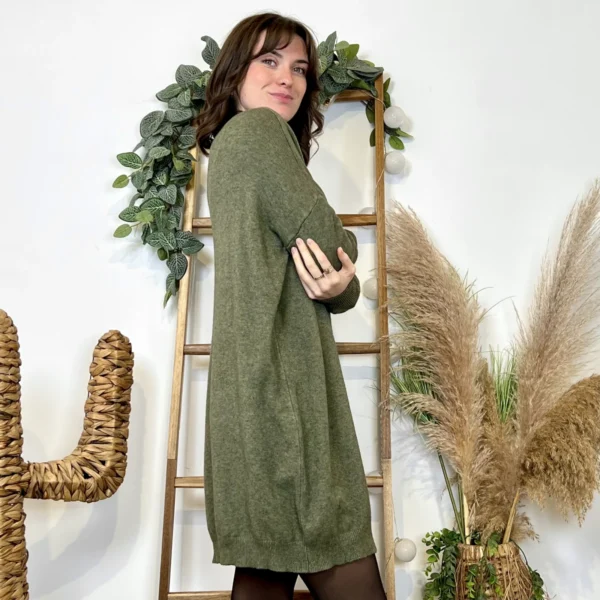 K010- Robe pull col V - kaki - taille-unique