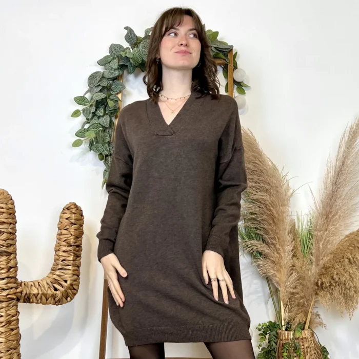 Robe pull femme col V « Tendance » - marron - taille-unique