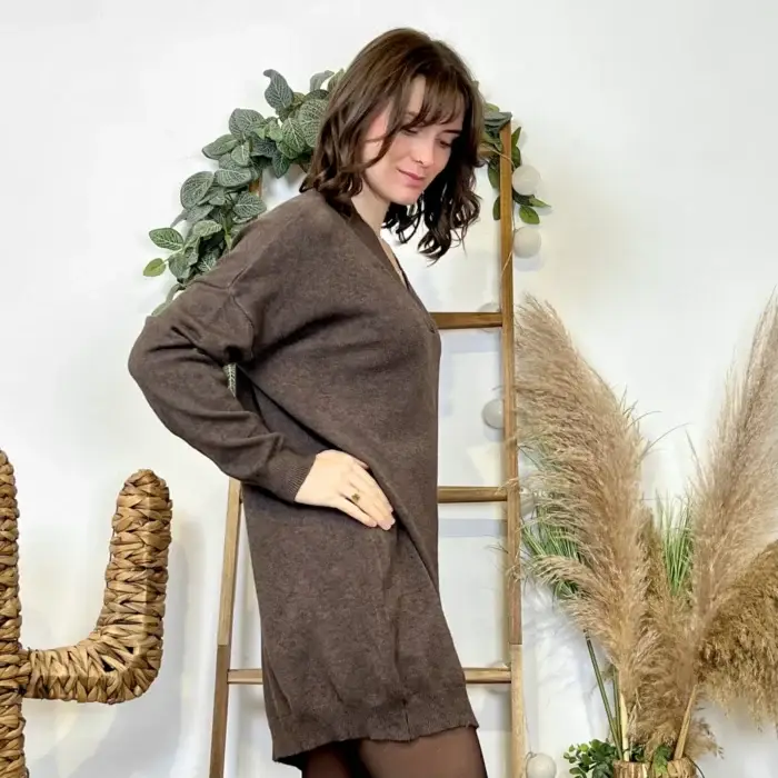 Robe pull femme col V « Tendance » - marron - taille-unique