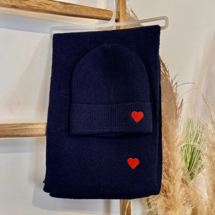 Ensemble bonnet et écharpe femme cœur brodé - marine - sans-taille