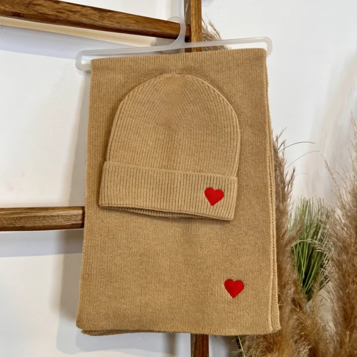 Ensemble bonnet et écharpe femme cœur brodé - taupe - sans-taille