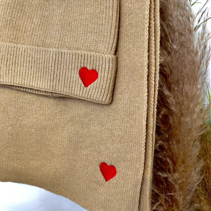 Ensemble bonnet et écharpe femme cœur brodé - taupe - sans-taille