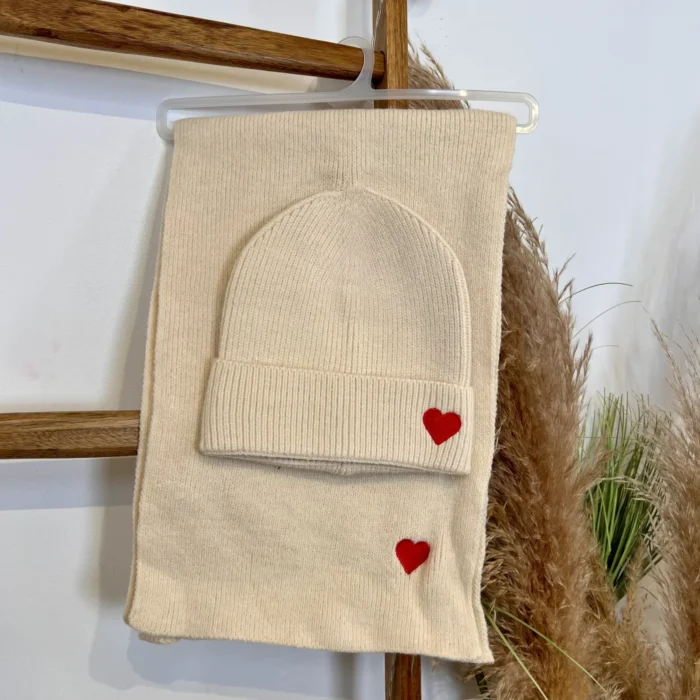 Ensemble bonnet et écharpe femme cœur brodé - beige - sans-taille