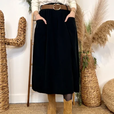 L718- Jupe Midi en Velours à Grandes Poches - noir - taille-unique